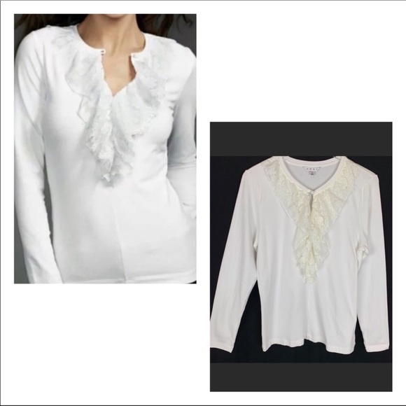 CAbi Tops - CABI  white lace ruffle trim long sleeve tshirt